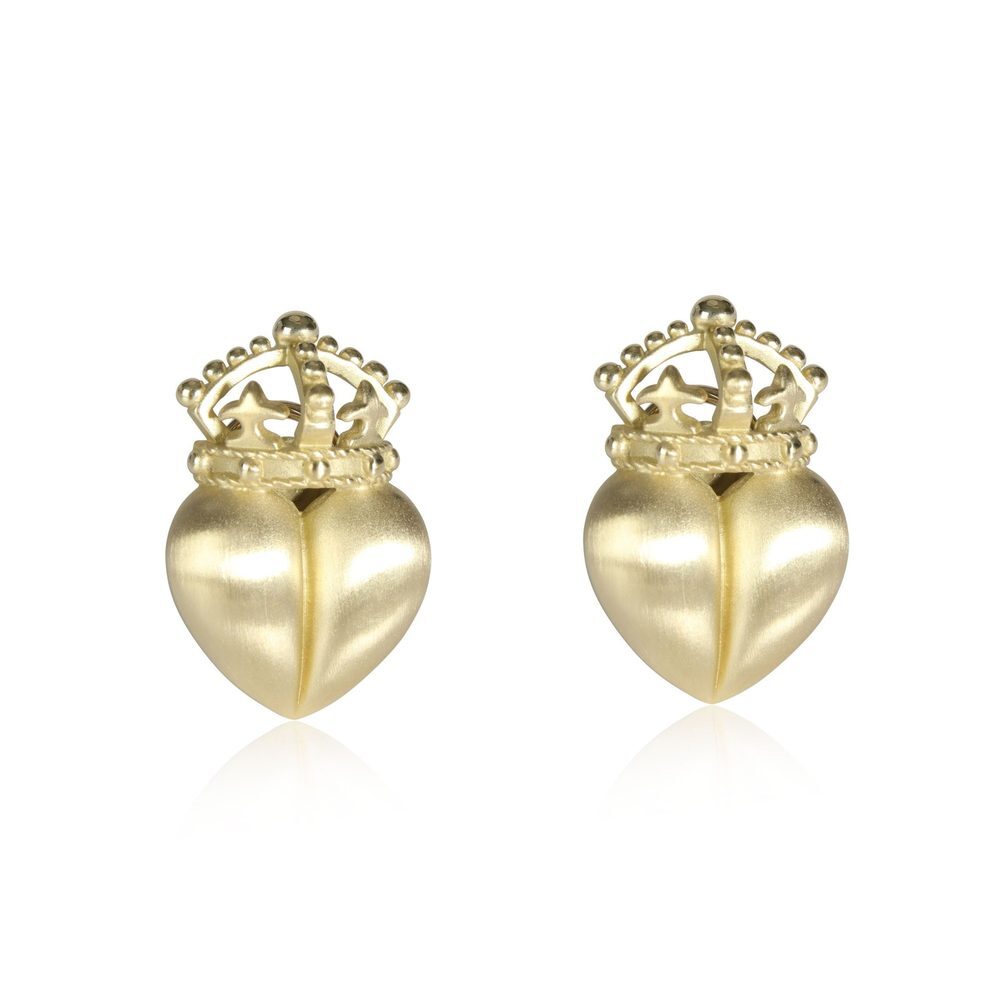 Kieselstein Cord Crown on Heart Earrings in 18K Yellow Gold